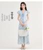 2026 Frühling/Sommer Elegantes blaues Blumen-A-Linien-Kleid: Taillenbetonend, Kurzärmelig, Französischer Stil