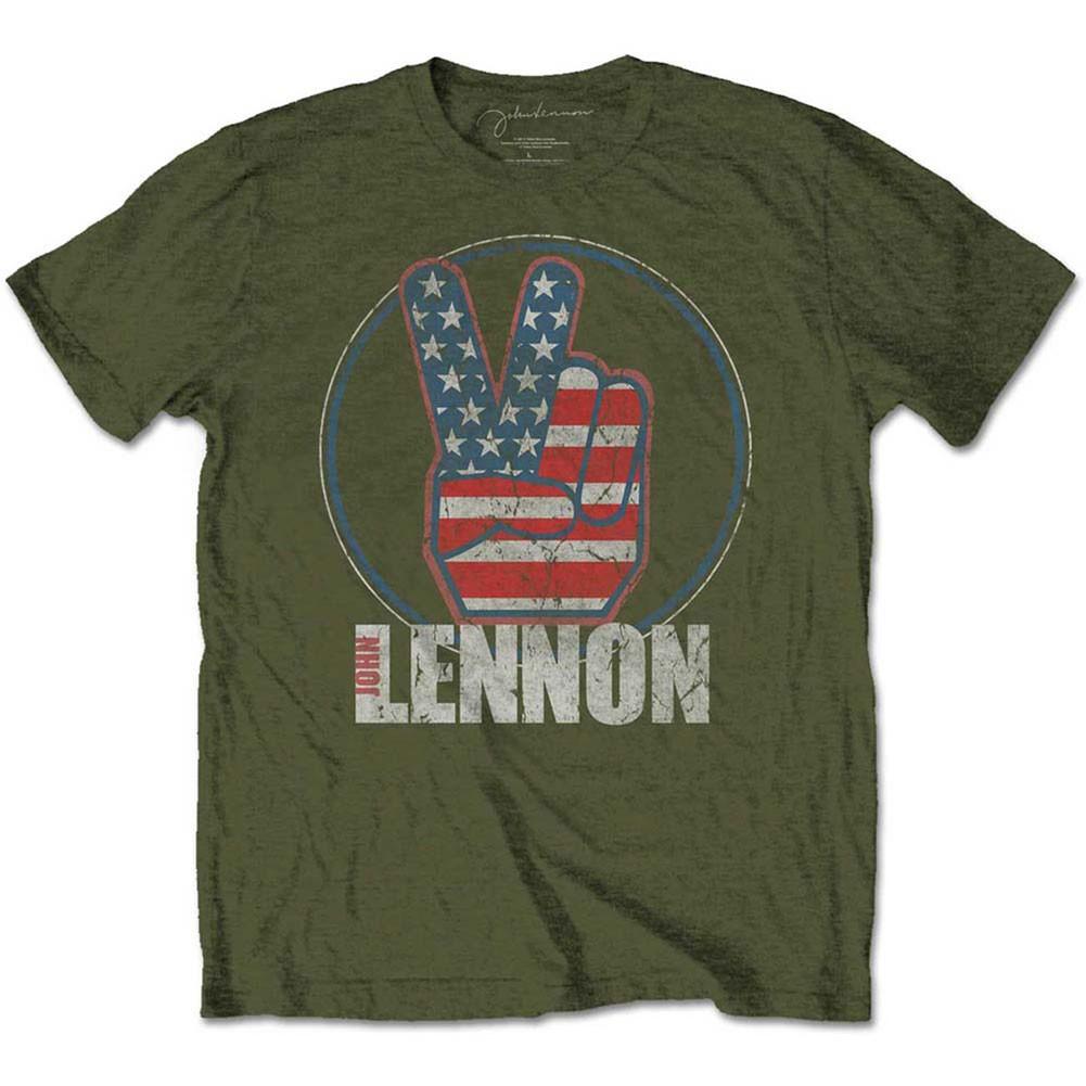 Men s John Lennon Peace Fingers US Flag Slim Fit T-shirt Medium Military 2XL