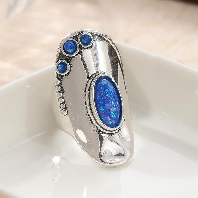 

Старовинна мідна каблучка, Ручна робота, Каблучка з довгим синтетичним опалом, Каблучка з синім синтетичним опалом як подарунок для мами 10