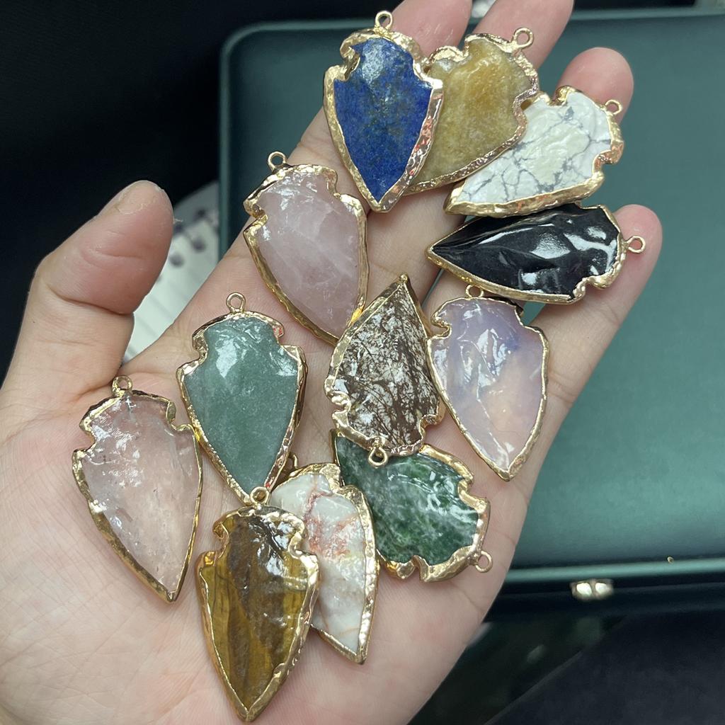 1Pc, Natural Stone Healing Crystal Arrow Pendant with Golden Edge, Boho Jewelry for Necklace Making & Daily Wear, 2026 Fashion Handmade Accessory