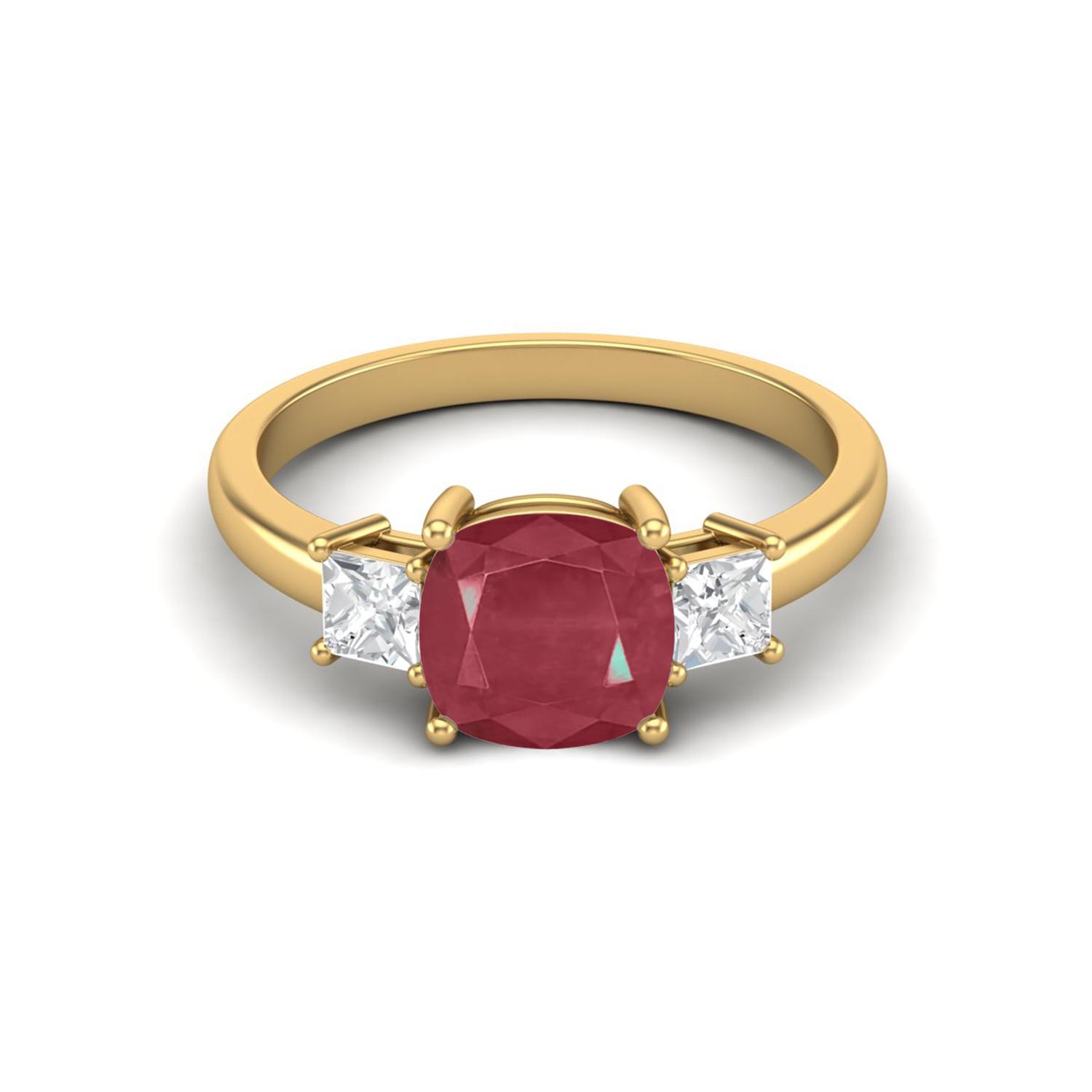 7MM Cushion Shape Ruby 925 Sterling Silver Gold Vermeil Three Stone Women Engagement Ring 10