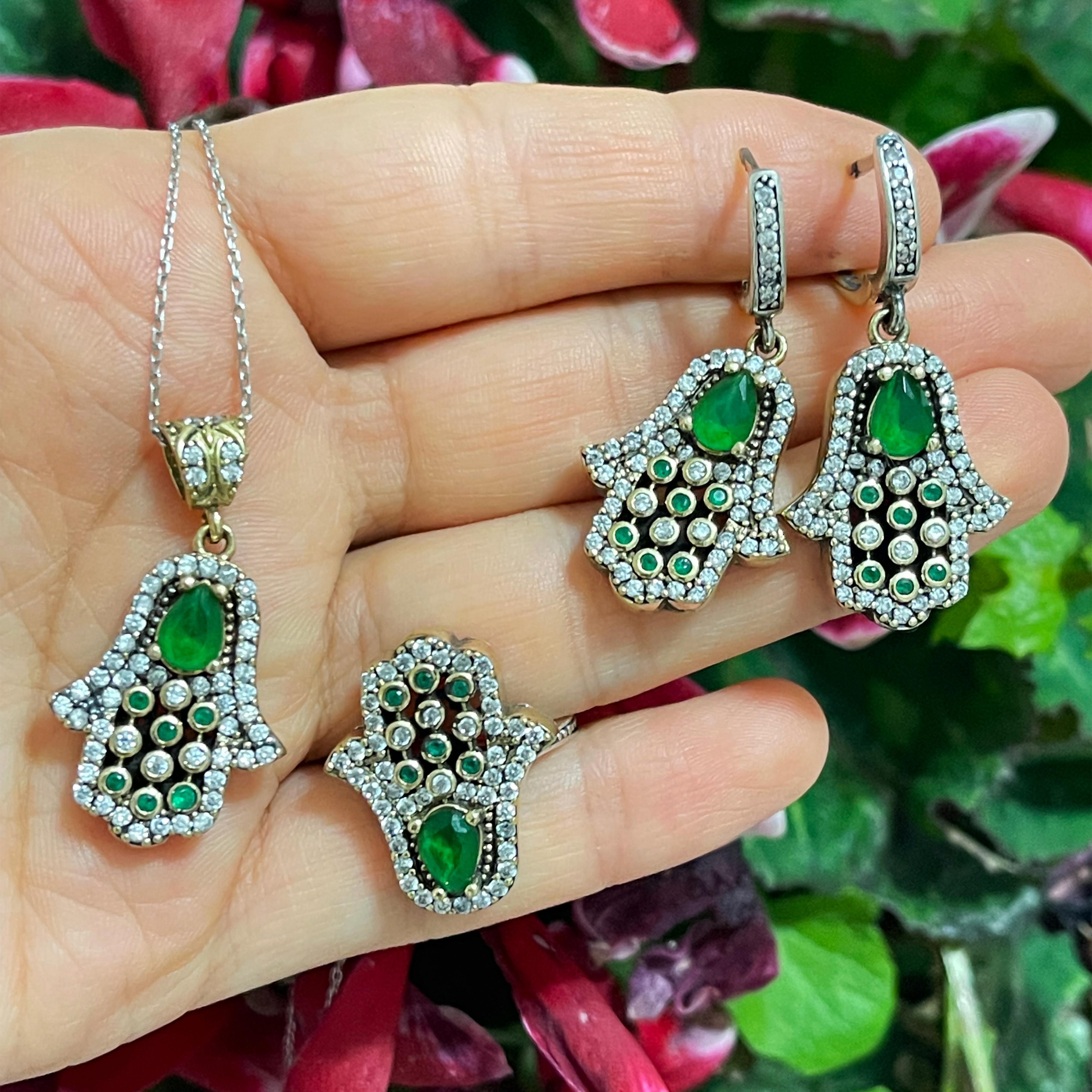 

Серебряные наборы для рук Hamsa, комплекты ювелирных изделий с изумрудным камнем, серебряные украшения в османском стиле, ювелирные изделия для рук Hamsa, набор из стерлингового серебра 925K 5 серебряный