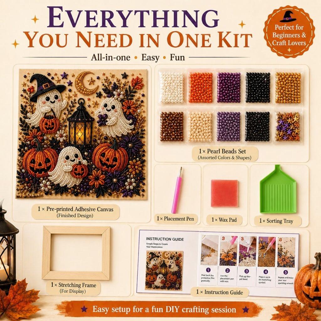 Halloween Ghost & Pumpkin 3D Pearl Art DIY Kit for Adults Cute Spooky Diamond Painting Craft Kit