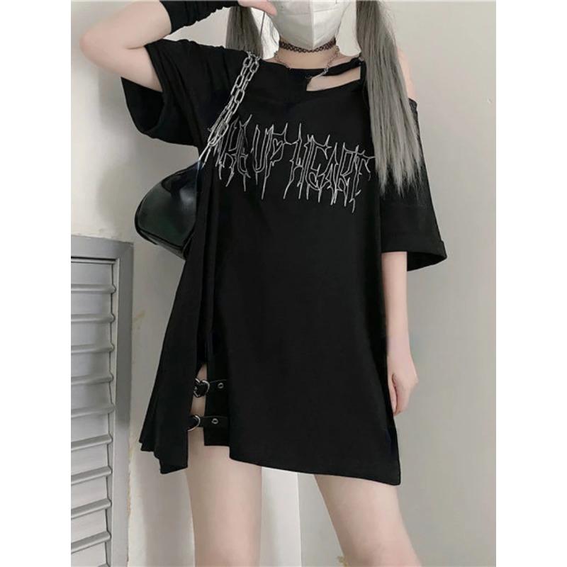 Y2k Girl Letter Print Off Shoulder Punk T-shirts Women Casual Street Black Gothic T Shirt Harajuku Streetwear Aesthetic