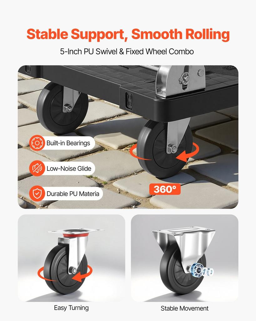 Foldable Push Cart Dolly, 299.37 kg Capacity, Folding Platform Truck with Swivel Wheels, Moving Platform Hand Truck Flatbed Cart, Space Saving Push