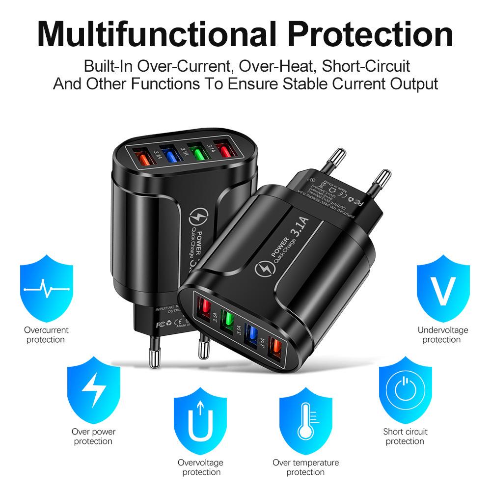 4-Port LED Mobile Charger 3.1A USB Charging Hub for Travel