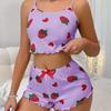 Heart Print Spaghetti Strap Knit Pajama Set – Women's Casual European & American Style Homewear, Wearable Outdoors