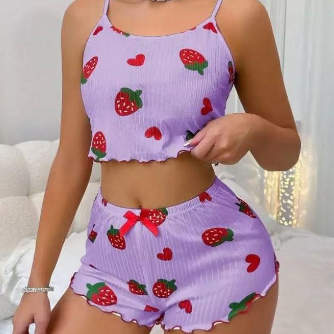 Heart Print Spaghetti Strap Knit Pajama Set – Women s Casual European & American Style Homewear, Wearable Outdoors