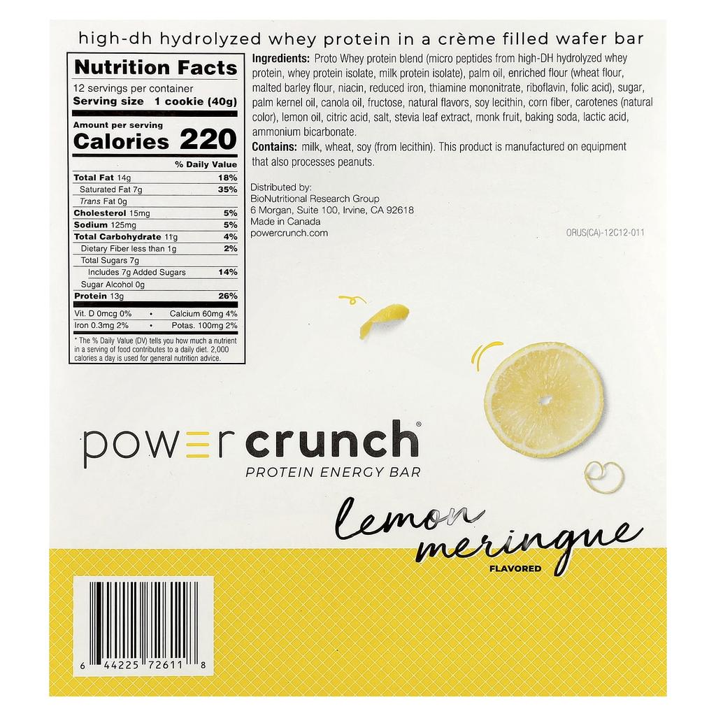 Power Crunch Protein Energy Bars, Lemon Meringue, 12 Bars, 40G (1.4Oz) Each