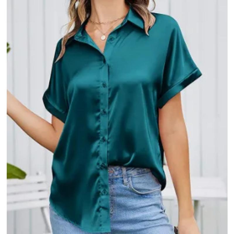 Camisa de mujer de primavera y otoño, blusa de manga corta de satén de Color sólido, camisa con hombros descubiertos