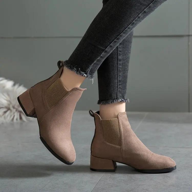 New Fashion Autumn Winter Women Shoes Retro High Heel Ankle Boots Female Block Mid Heels Casual Ladies Shoes Plus Size