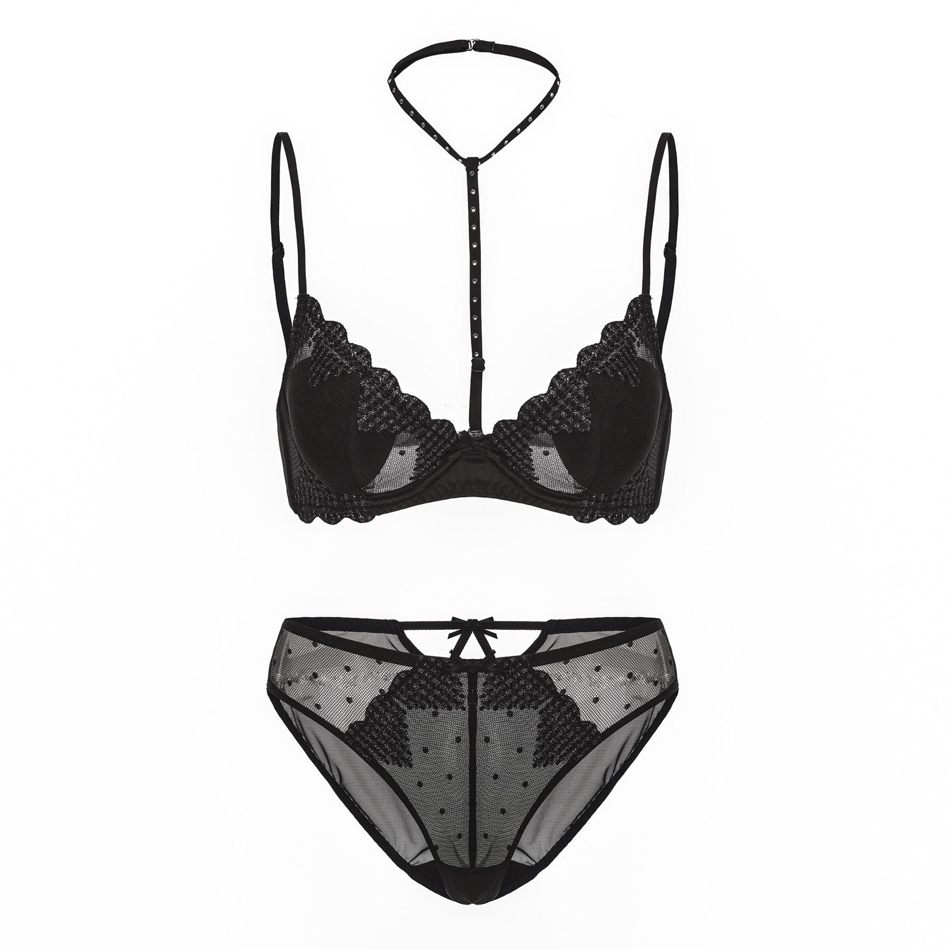 

Комплект бралетт из французского кружева: Бюстгальтер с халтер-шеей, сексуальной вышивкой, мягкой косточкой, дышащий, пуш-ап, впитывающий пот. Panties-XL чёрный