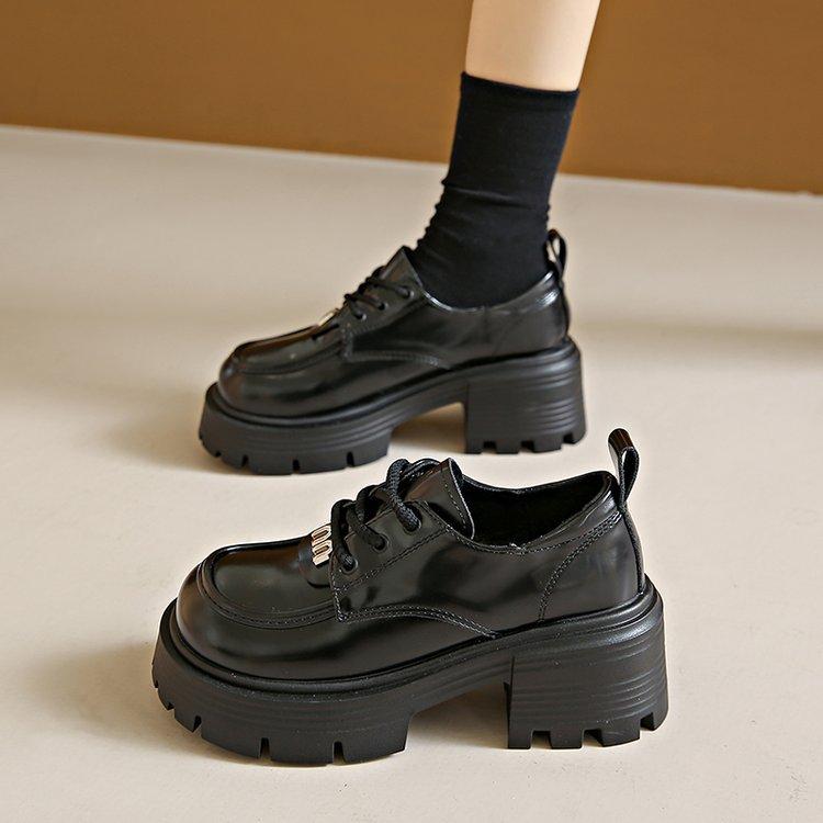 British Small Leather Shoes Women's 2025 Autumn New Versatile Platform Heightening Loafers High-end Lace-up Medium Heel Single Shoes