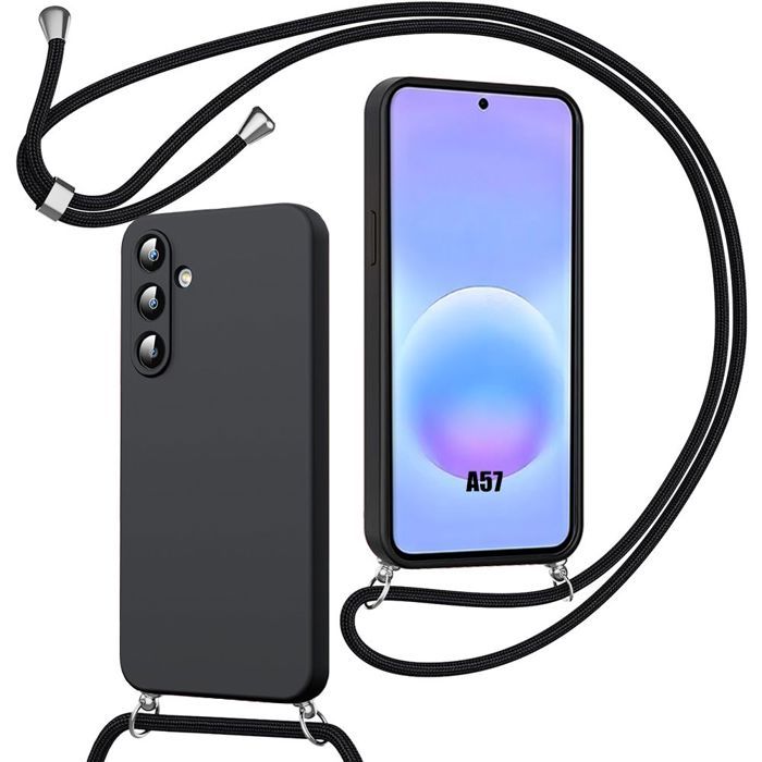 Coque pour Samsung Galaxy A57 5G, Silicone Souple Anti-Rayure Antichoc avec Bandoulière Noire