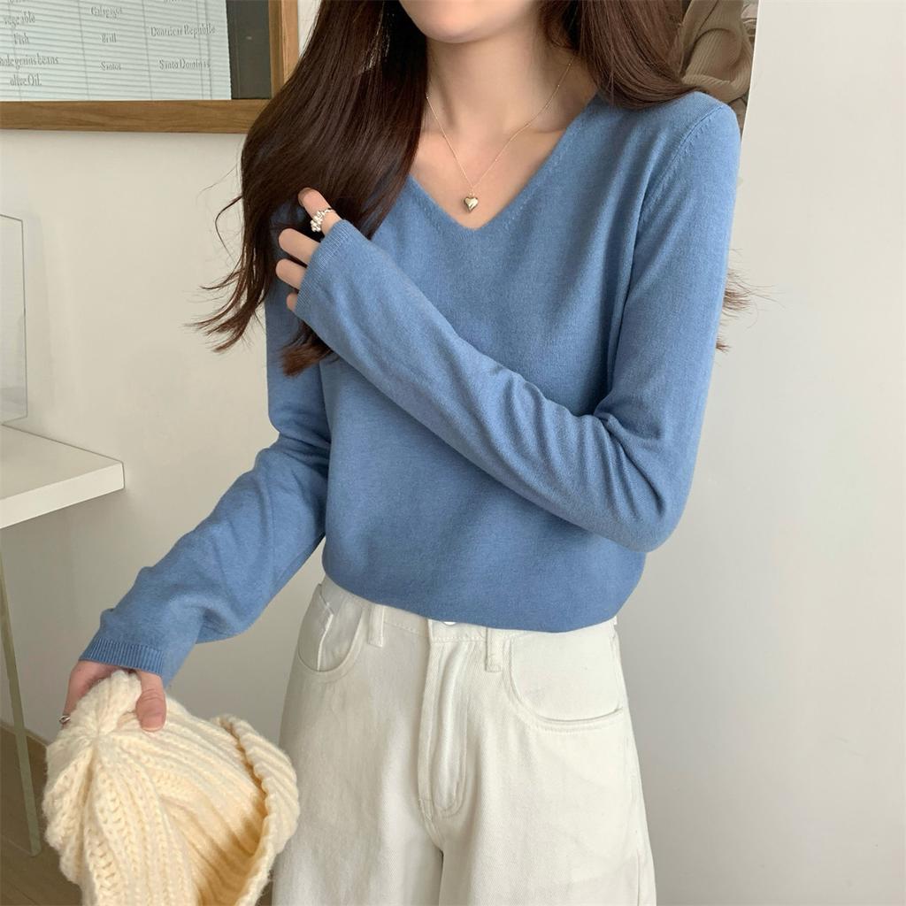 Solid Color Soft Waxy V-neck Knitted Sweater Bottoming Shirt Long-sleeved Women's Autumn and Winter Lazy Wind with Simple Sweater Top