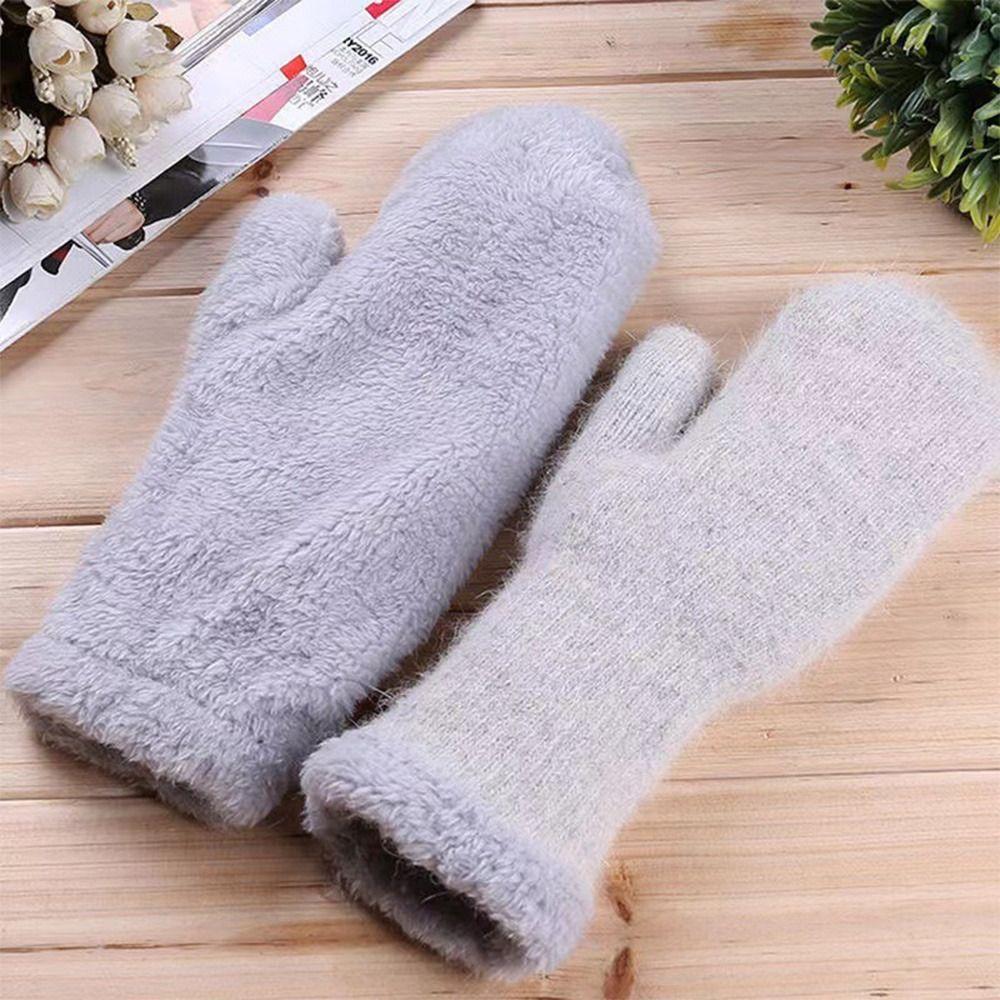 Double Layer Full Finger Gloves Wool Cashmere Knitted Gloves Plush Mittens  Cold Outdoor