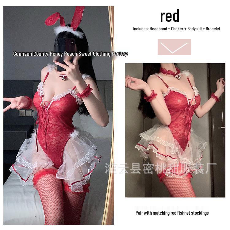 Alluring Bunny Girl Lace Lingerie Bodysuit - See-Through, Open Crotch Christmas Temptation