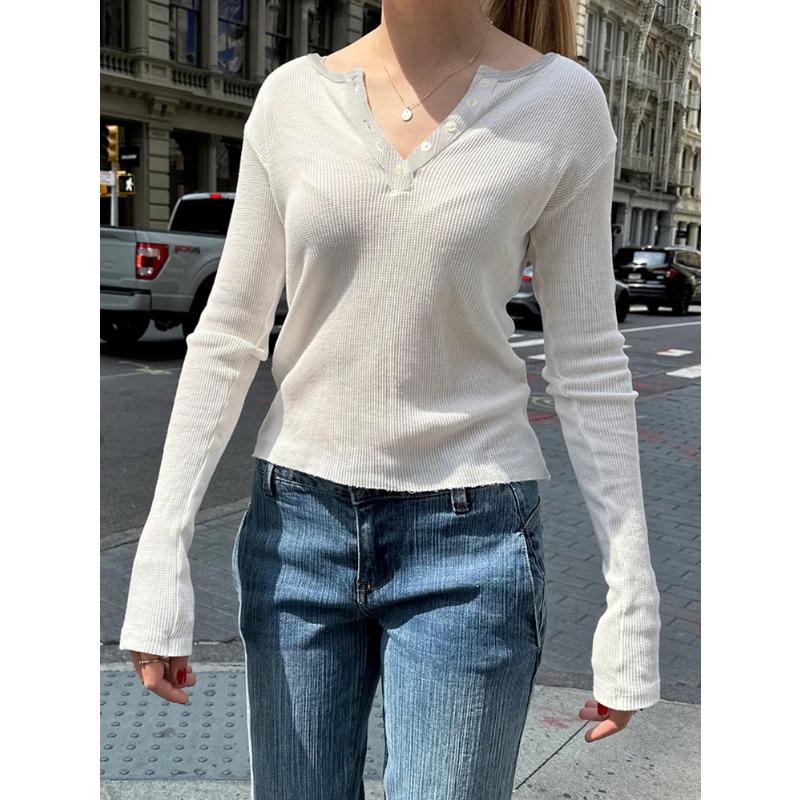 

Весна-лето Женская Y2K Повседневная однотонная трикотажная кофточка с V-образным вырезом и длинными рукавами XL бежевый