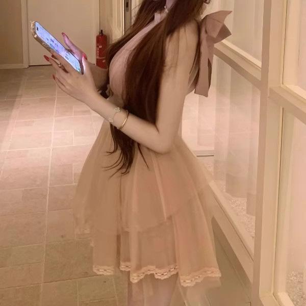 Drunk, naked pink neck bow irregular hem dress gentle wind sleeveless temperament celebrity mesh yarn
