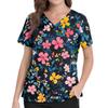 Floral Print V Neck Medical Scrub Top with Pockets Side Slits Short Sleeve Nurse Uniform Shirt for Women Comfortable Fit