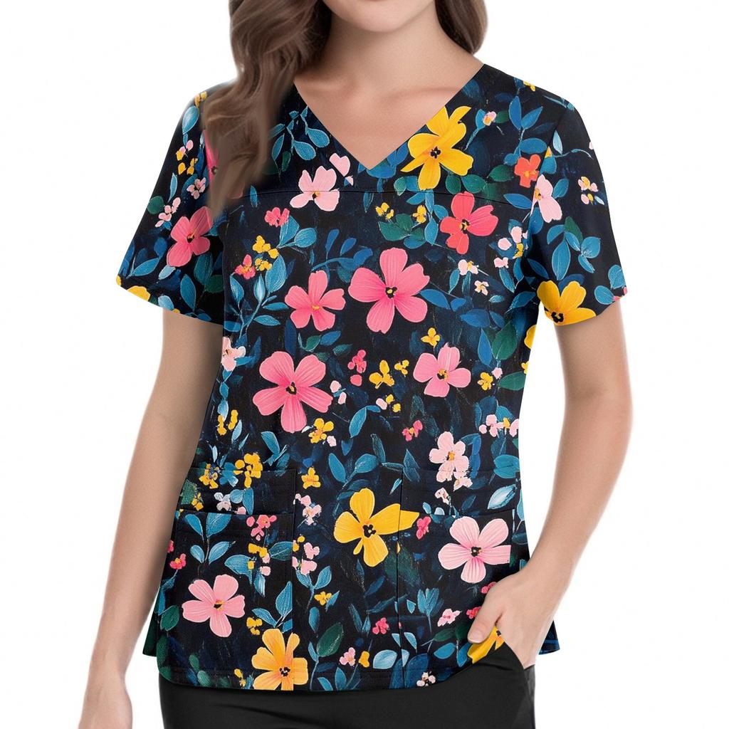 Floral Print V Neck Medical Scrub Top with Pockets Side Slits Short Sleeve Nurse Uniform Shirt for Women Comfortable Fit