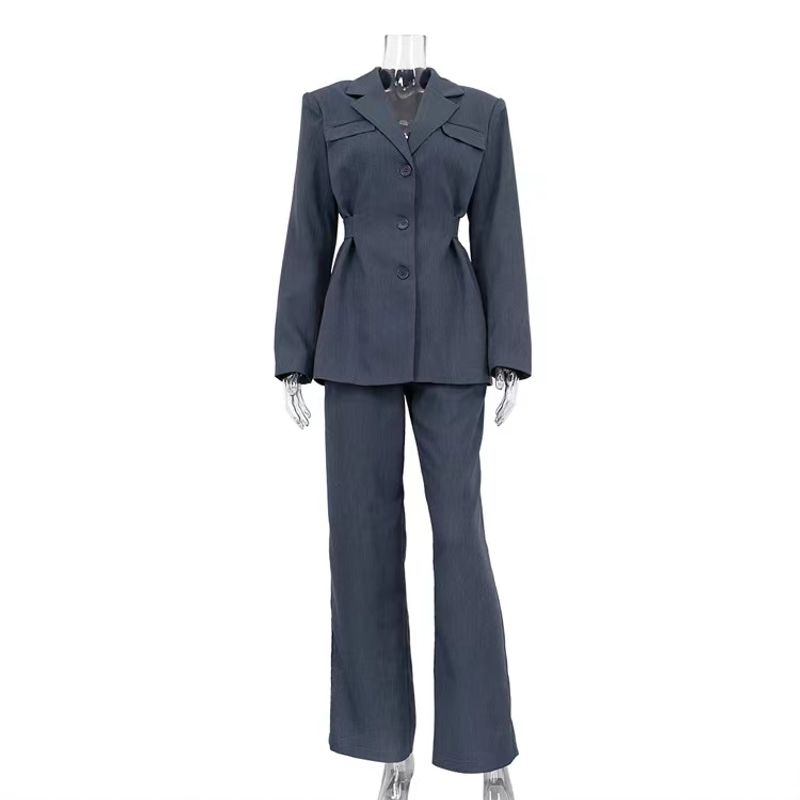 

Western Style Lapel Waist Hugging Blazers Casual Trousers Set Suit Jacket and Pants Set Grey M