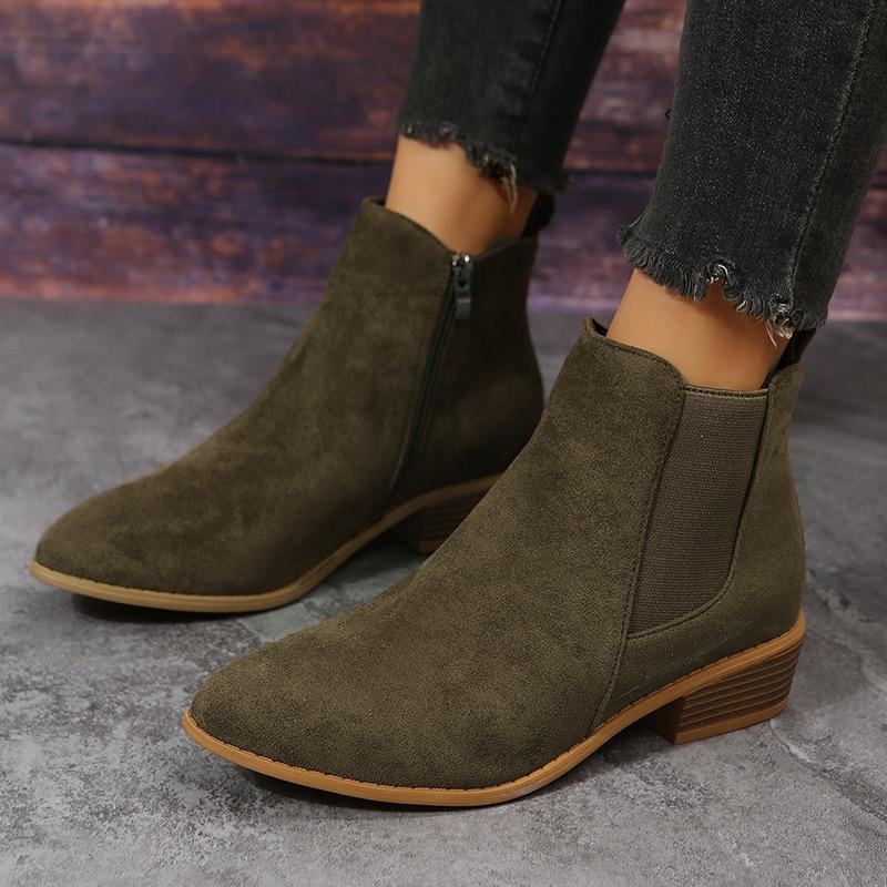 Spring new large size women's shoes pointed suede elastic band thick heel casual single shoes women