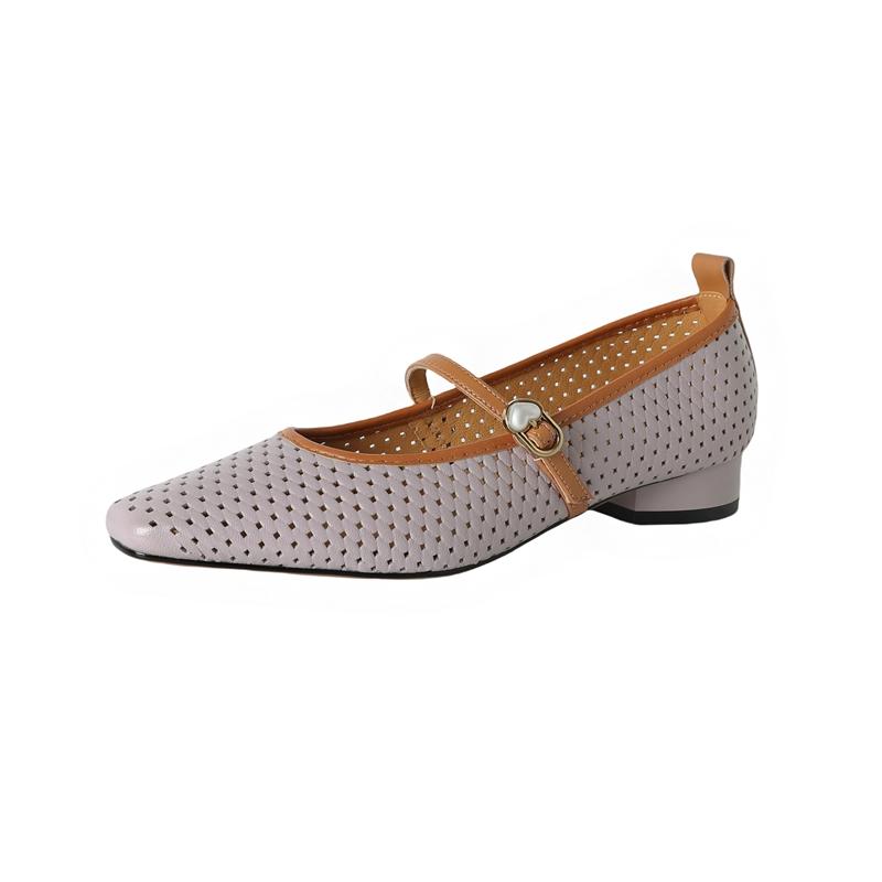 

Fashion Women s new genuine leather sheepskin hollow breathable elastic belt buckle low heel Mary Jane single shoe retro hole shoe 250