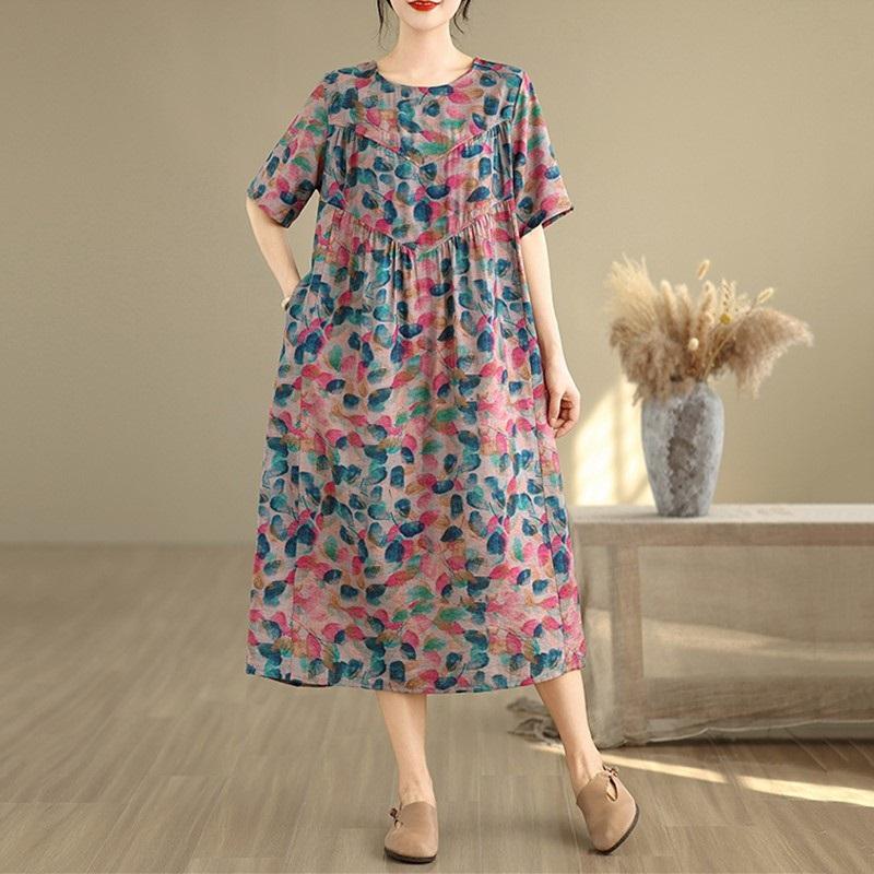 

Короткий рукав Плюс размер Хлопок лен винтажный цветочный новый в платьях для женщин повседневное свободное длинное летнее платье