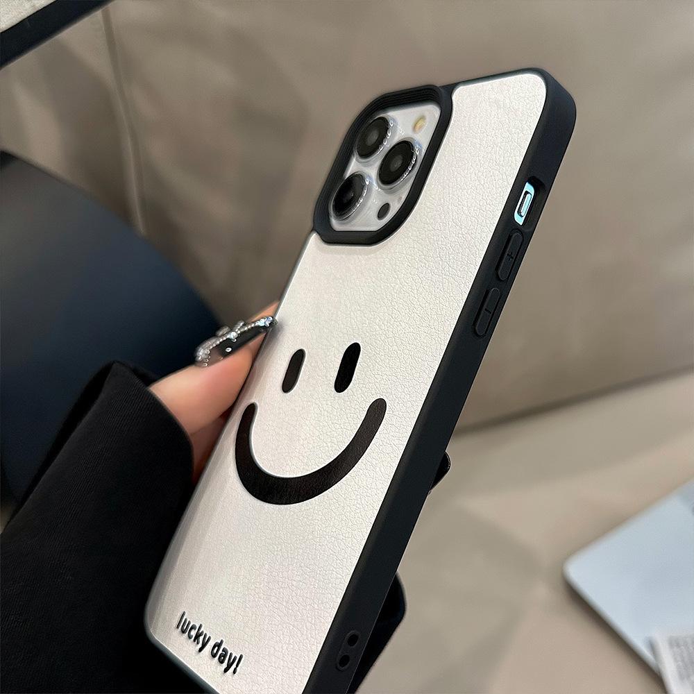 LUCKY Lachendes Gesicht Lederstruktur Handyhülle Für iPhone11/12/13/14/15/16/17 Pro Max AIR PLUS Handy-Rückseitenabdeckungen