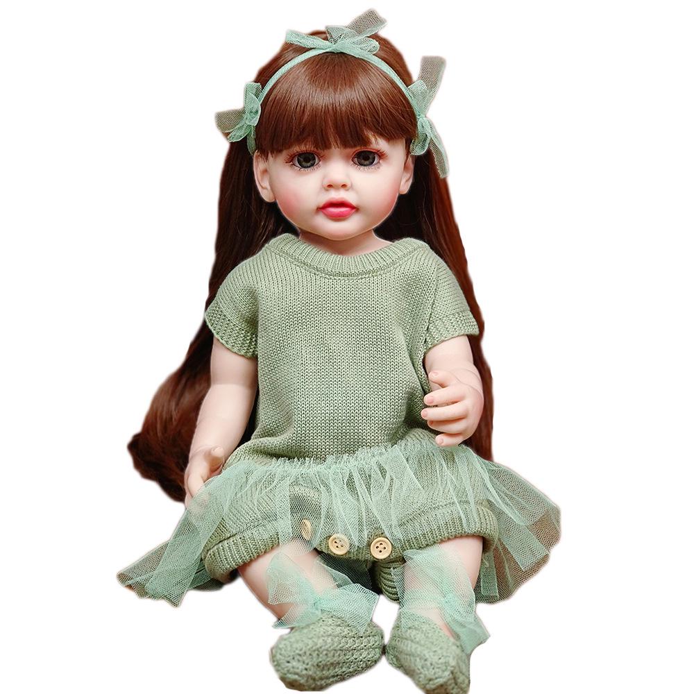 Reborn Baby Doll with Soft Rubber, Long Hair, Green Gauze Skirt, Waterproof Toy Companion, Little Princess