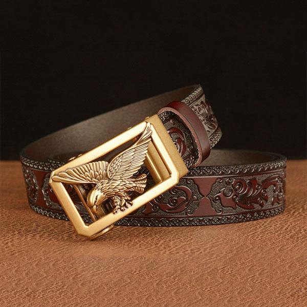 Male Belt Genuine Leather Belt for Men Carving Flower Pattern Animal Eagle Gold Automatic Buckle Belt Strap for Jeans