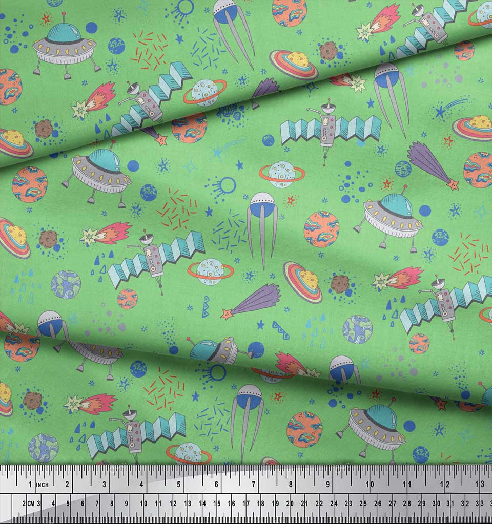 Soimoi Tessuto Raso Crêpe Verde Giappone Stampa Galassia Satellite e Pianeta Tessuto al metro 42 Pollici