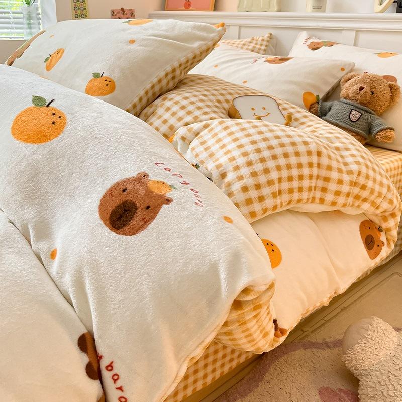 

Thickened Milk Fleece Bed Four-Piece Coral Fleece Quilt Cover Double-Sided Flannel Fleece Bed Sheet Three-Piece Set 1.2m 3pc 150 × 200 quilt