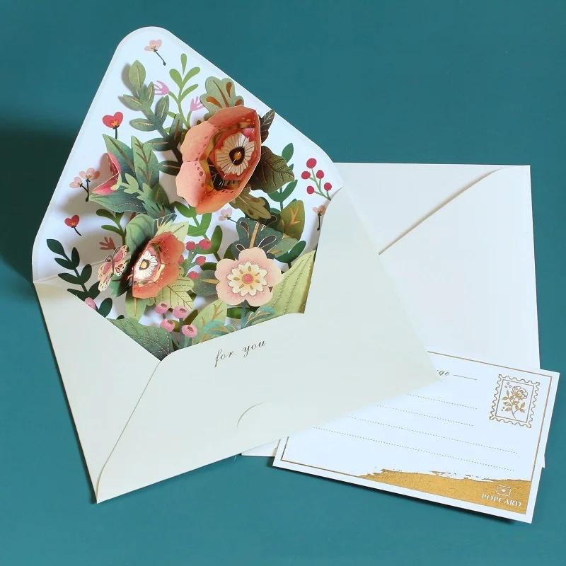 3D Greeting Cards Romantic Flower Pop Up Card with Envelope Creative Laser Cut Post Card for Birthday Party Wedding Decoration