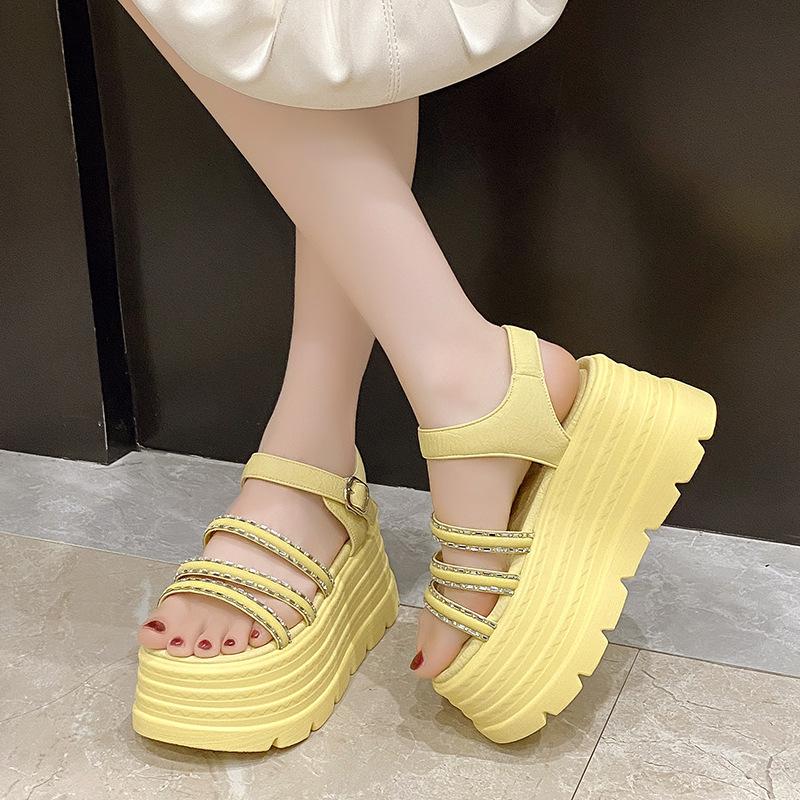 Fairy Internet celebrity muffin thick bottom word with rhinestone sandals women summer new fashion wear lightweight height 8cm