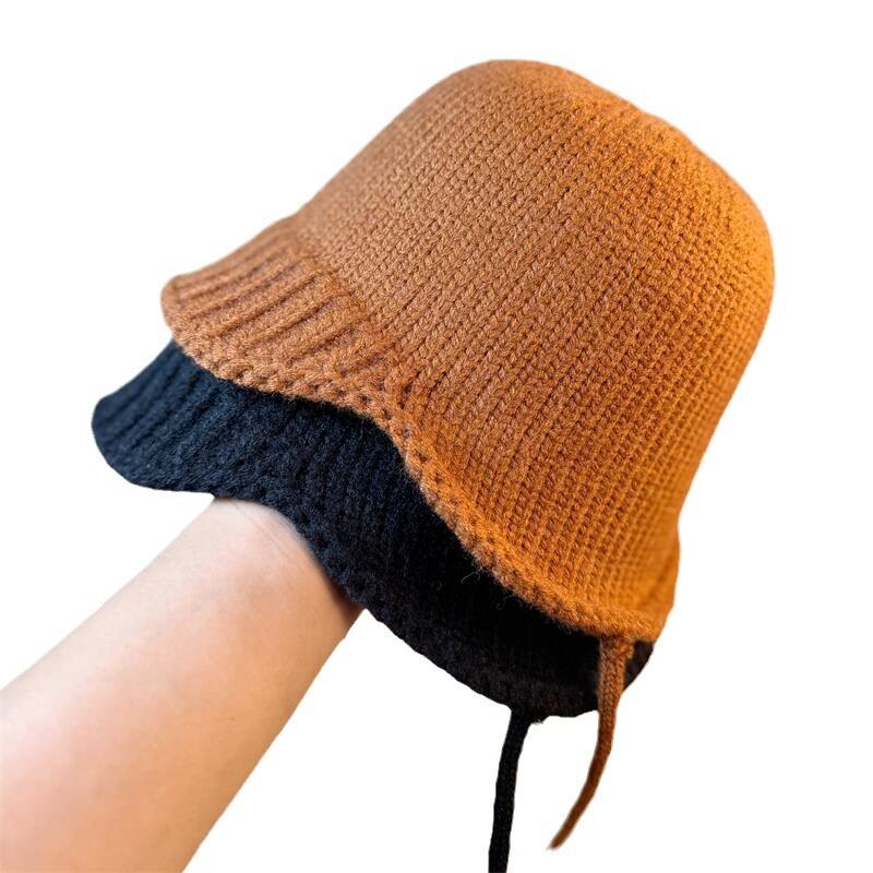 Autumn and Winter Warm Woolen Hat for Women Ear Protection Knitted Pullover Hat with Straps Fashionable and Cute Pullover Hat That Can Be Rolled