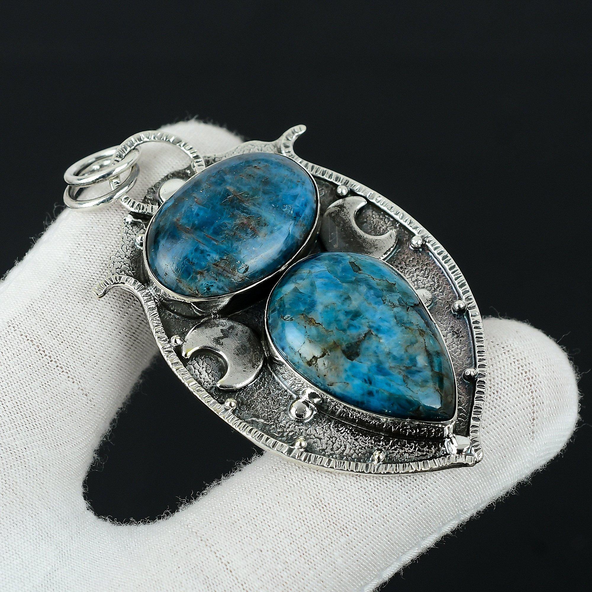 

Подвеска из неонового синего апатита, исцеляющая подвеска, подвеска из стерлингового серебра 925 пробы, подвеска с двойным драгоценным камнем, подвеска из натуральных ювелирных изделий для подарка 2.55 синий