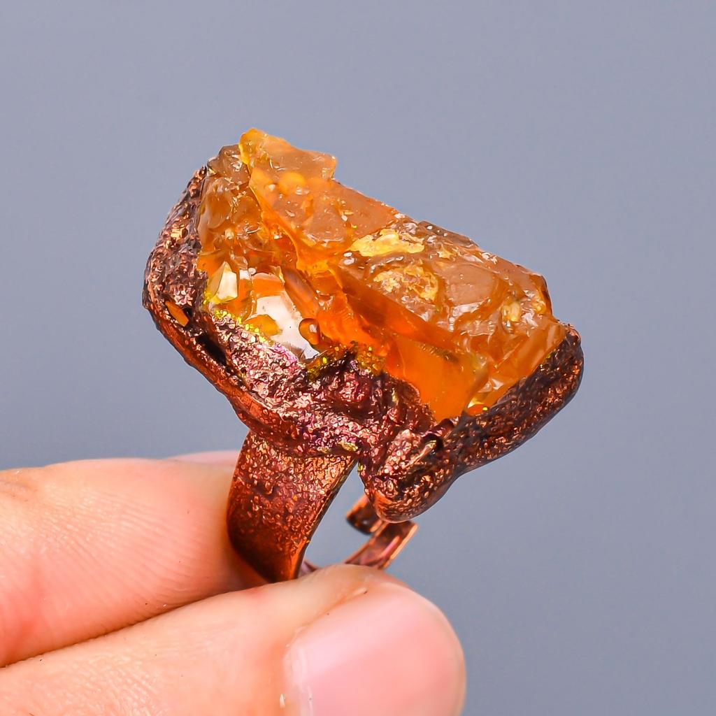 Hessonite Garnet Rough Stone Mother Gift Eternity Sisters Day Trendy Ring Copper V-11