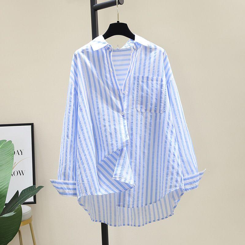 

Pure Cotton Printed Striped Shirt Women s Spring Fashion Loose All-match Long-sleeved Cardigan Shirt Women s Inner Wear 3XL синій