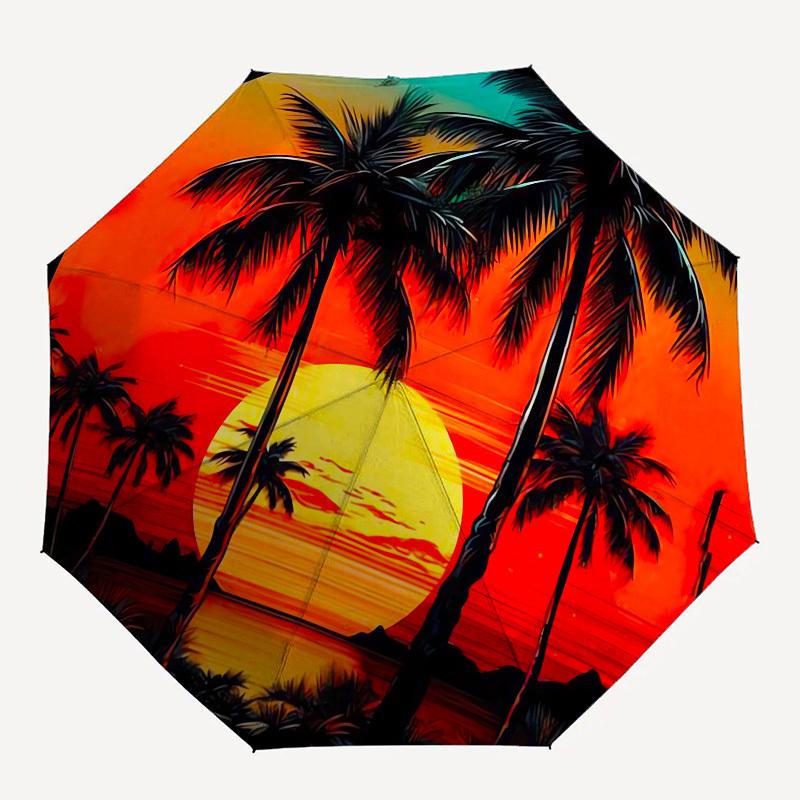1pc Tropical Sunset with Palm Trees Umbrella with Plastic Handle,Suitable for All Seasons UmbrellaPT443