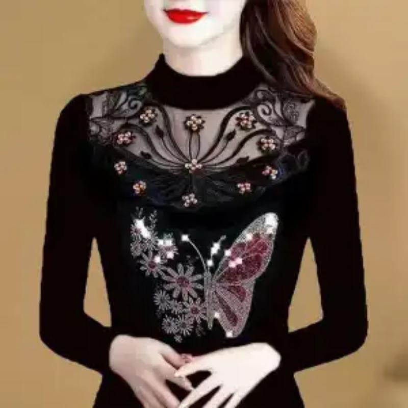 Haut Femme Élégant Patchwork Dentelle Broderie Florale Strass Col Montant T-shirt