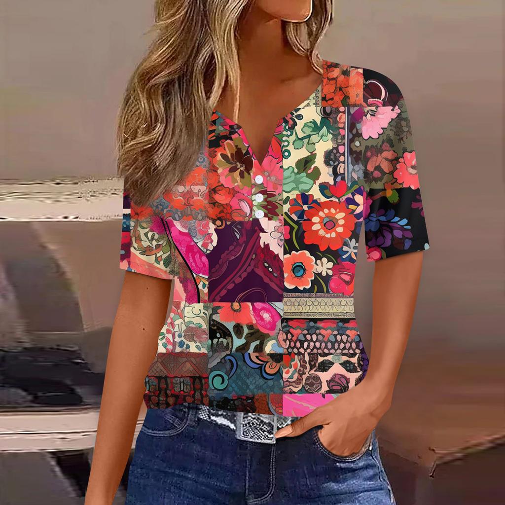 Dámské tričko s potiskem, knoflíky, krátký rukáv, denní, víkendová móda, základní V-výstřih, běžný top