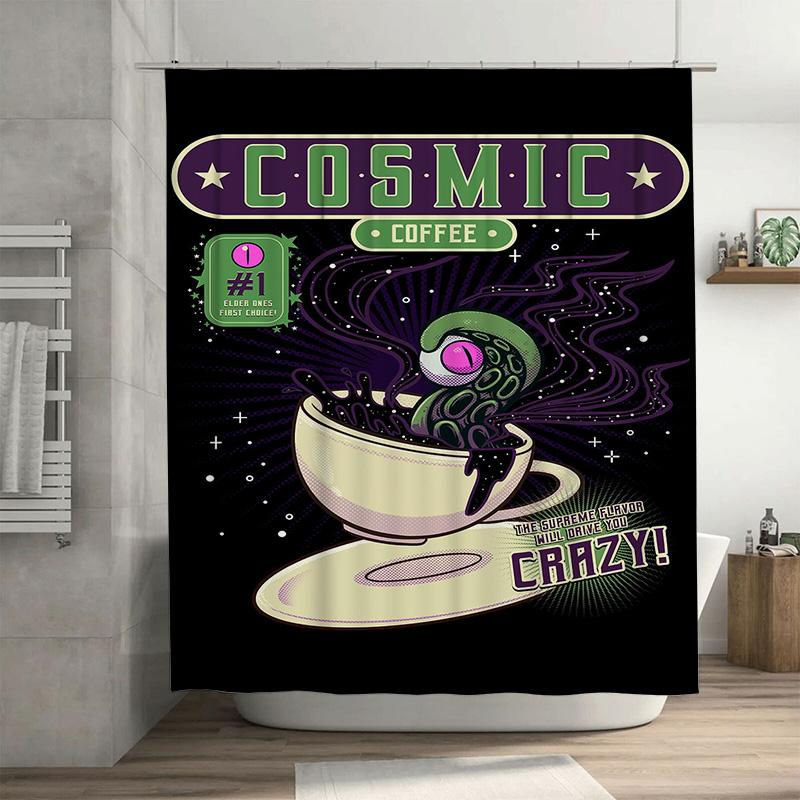

Stylish Pop Art Shower Curtain with Cosmic Coffee Design Black Background + Purple Green Accents 90x180cm