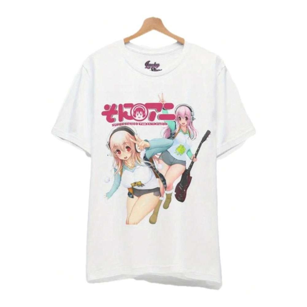 White Short-Sleeve T-Shirt Featuring Super Sonico  SoniAni  Guitar & Anime Girl Graphic Print For Anime & Music Fans 4XL