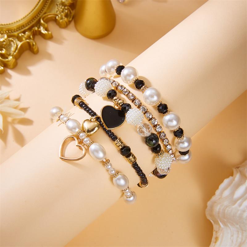 6Pcs Cute Bowknot Heart Bracelet Set For Women Pink Acrylic Beads Imitation Pearl Elastic Bangles Girl Party Daily Sweet Jewelry