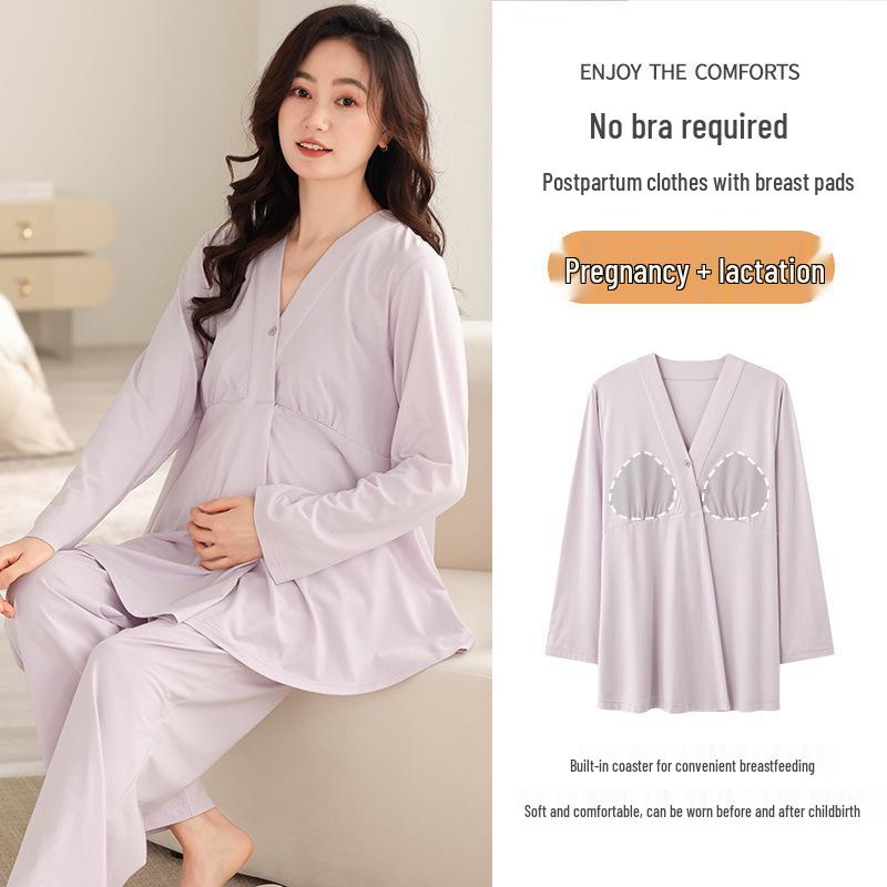 2025 Summer Postpartum Cotton Pajamas with Chest Pads for Breastfeeding - Lightweight for Home, Spring, Summer, Autumn