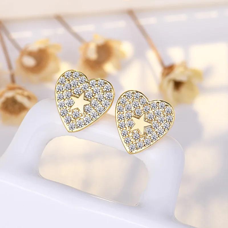 New Design Heart Star Shaped Gold Color Earrings for Woman Korean Crystal Fashion  Silver Needle  Accessories Girls