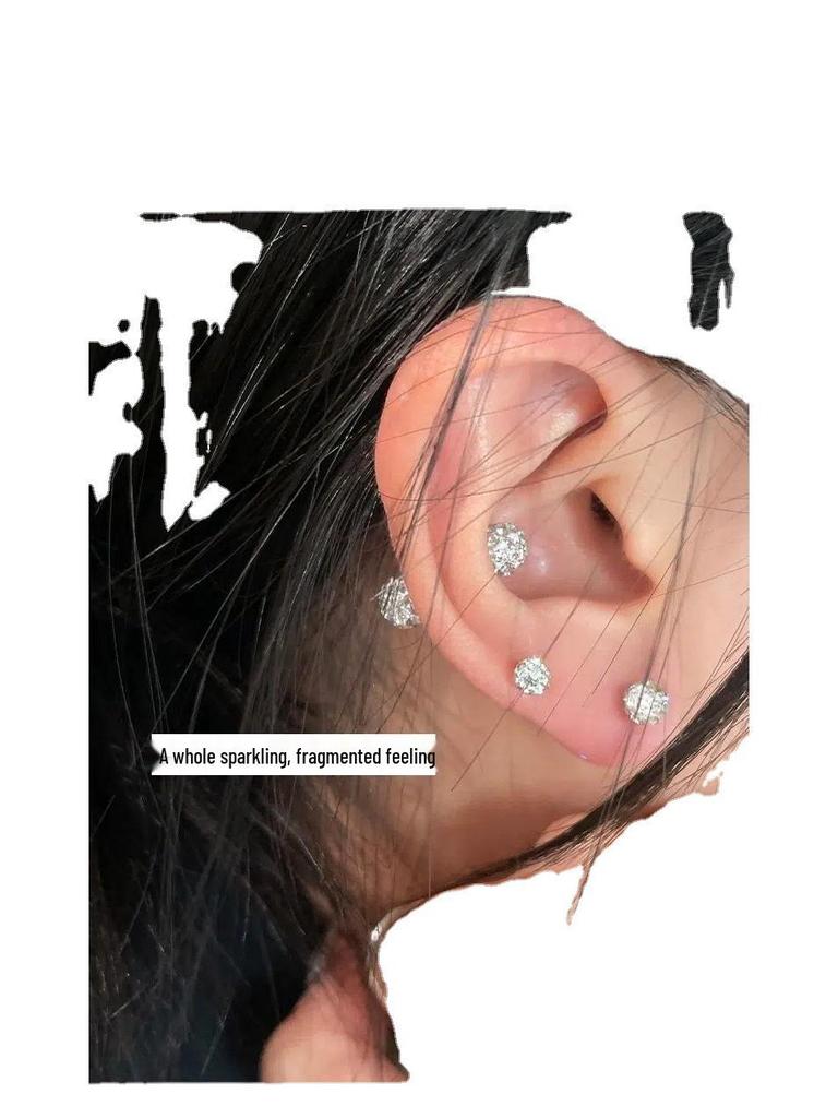 Copper Zircon Stud Earrings for Women – Suitable for Earlobe and Cartilage Piercing, High-End Niche Design, Diamond Accents