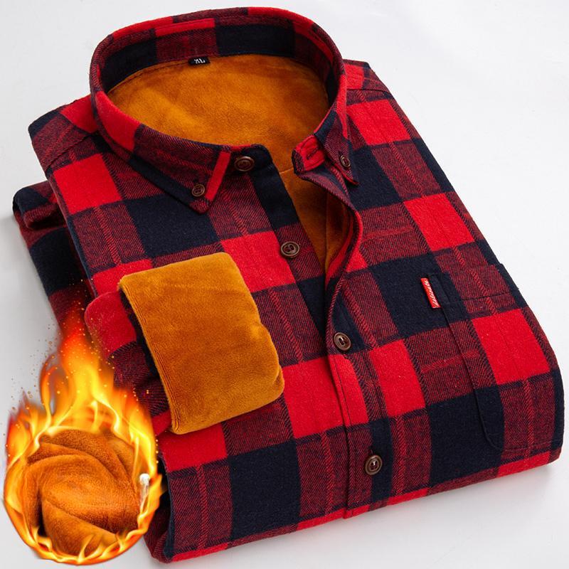New Men's Fleece Thickened Long Sleeve Shirt Fashion Casual Plaid Lapel Long Sleeve Shirt Men's